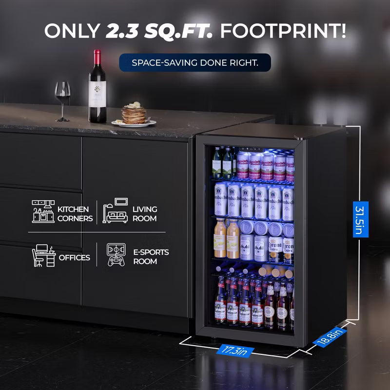 Simzlife 3.2 cu. ft. 130 Cans Beverage Refrigerator, Reversible Glass Door & LED Light, Adjustable temperature, Removable Shelves, Black