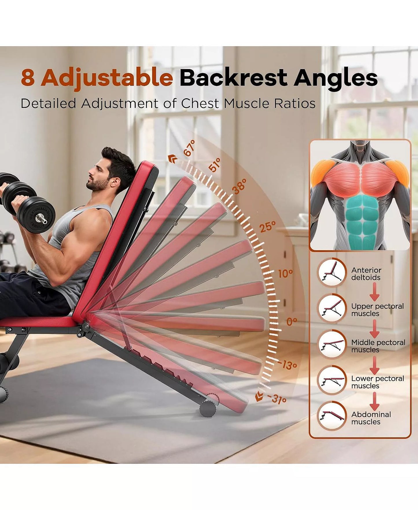 Foldable Adjustable Weight Bench, 660LBS 8-Position Incline Bench for Chest Shoulder Home Gym