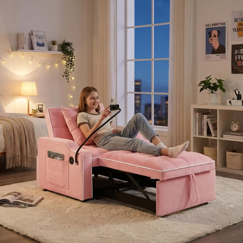 3-in-1 Convertible Sleeper Single Sofa Bed Accent chair with Adjustable Recliner Backrest, Phone Holder & USB/Type-C Ports for Living Room&Bedroom