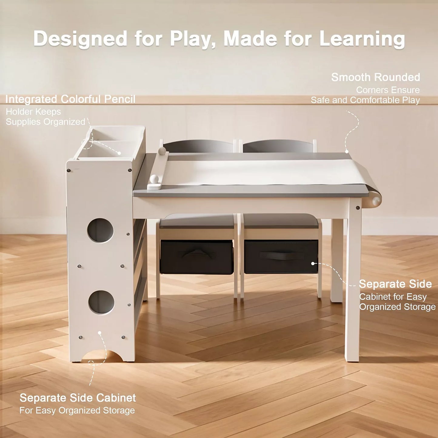 3-in-1 Kids Table and 2 Chairs Set with Storage, Removable Top and Chalkboard for Art, Crafts, and Reading