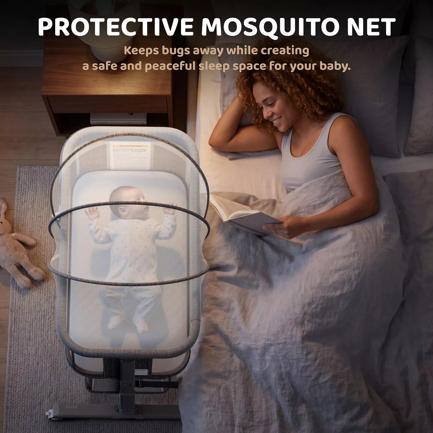 3-in-1 Baby Bassinet Bedside Sleeper with Adjustable Height, Mosquito Net and Wheels