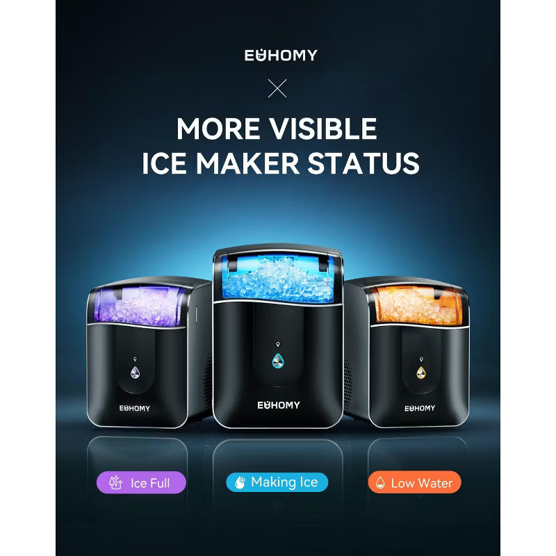EUHOMY Smart Nugget Ice Maker Countertop, 40 Lbs/Day, APP Remote Control & LED Indicator, Self-Cleaning, Compact Design with Scoop, Black