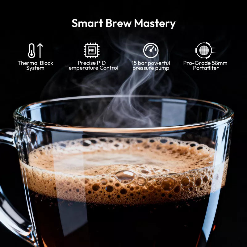 EUHOMY Espresso Machine with Grinder, 15 Bar Coffee Maker with Milk Frother Steamer Wand, Removable Water Tank, Silver