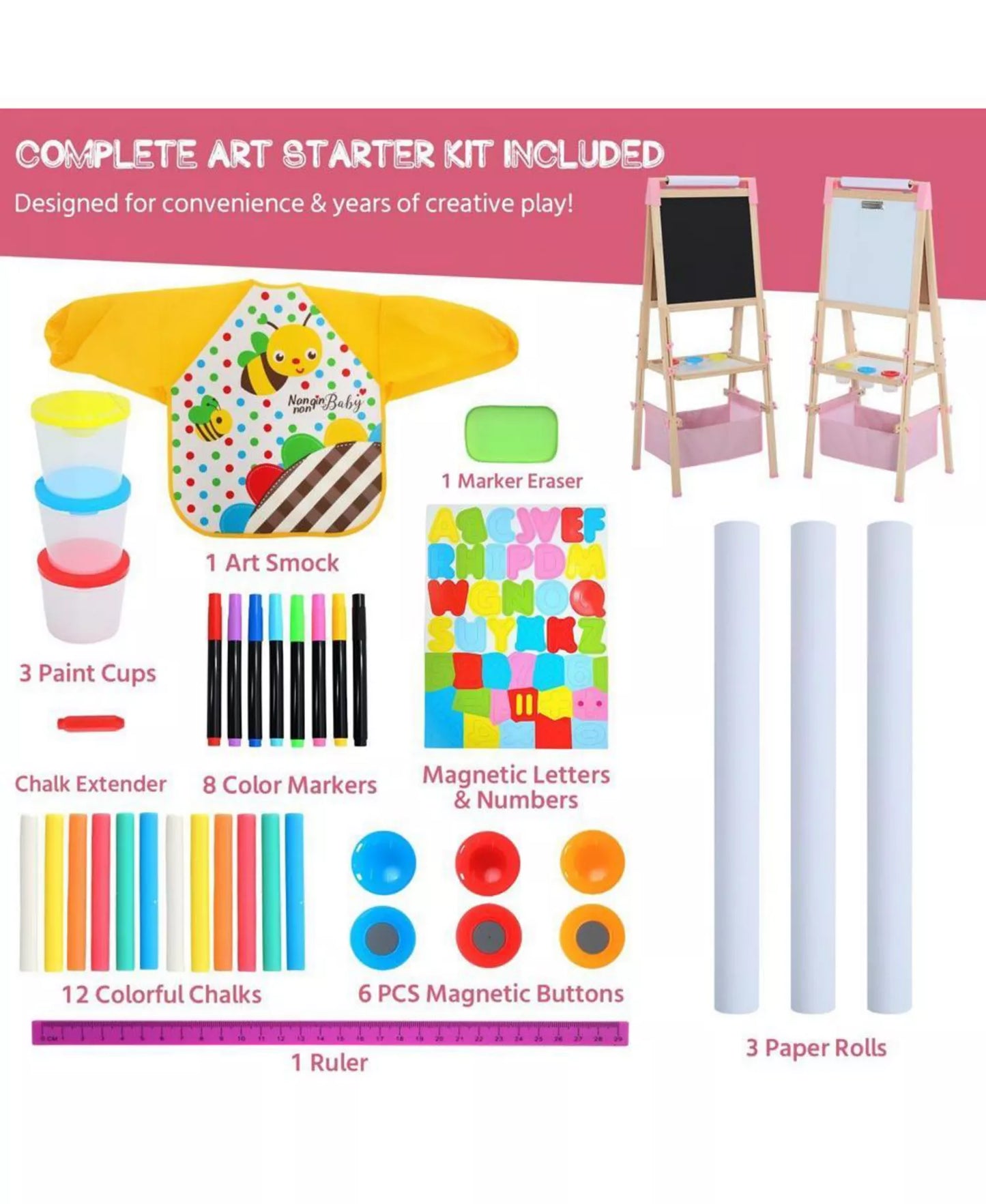 3 in 1 Kids Art Easel Set, Dual-Sided Art Station w/Whiteboard & Chalkboard