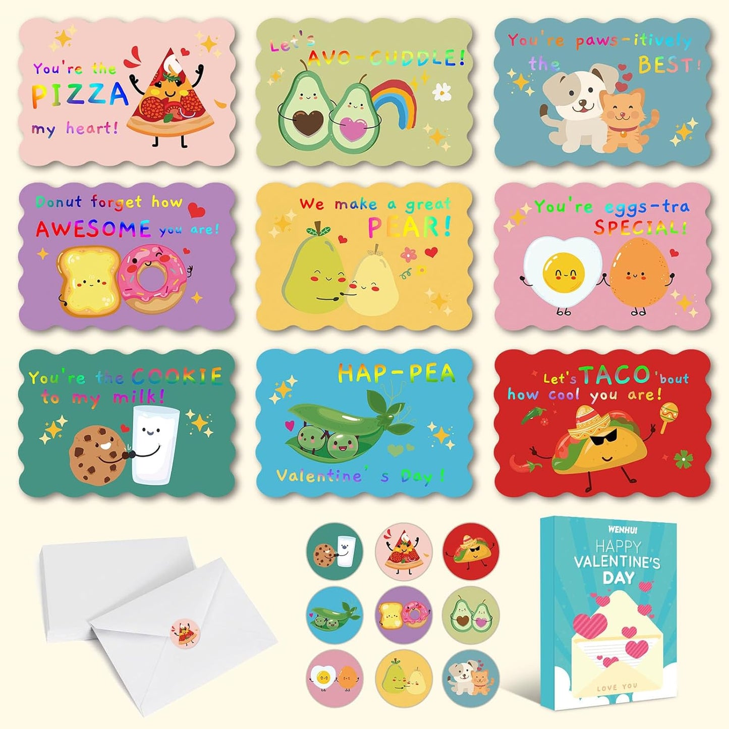 36 Pack Valentines Day Cards for Kids School, Gold Foil 4.7x3.2in Cute Classroom Cards with Envelopes & Stickers, 9 Fun Designs for School Exchange, Perfect for Kids, Friends, and Valentine¡¯s Day Parties