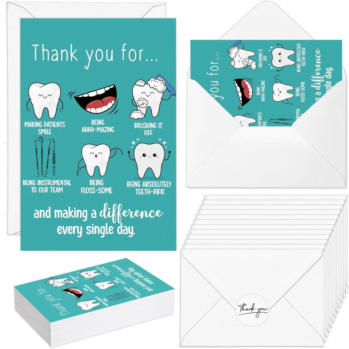 Marspark 20 Sets Dental Assistant Week Appreciation Gifts Bulk Dentist Tooth Greeting Cards with White Envelopes and Stickers Dentist Thank You Cards Gifts for Staff Nurse Coworker Office Team