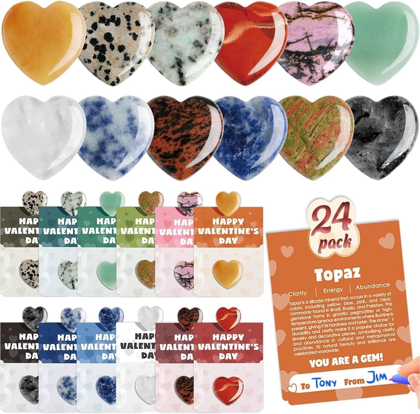 Valentines Day Gifts for Kids 24 Pack Valentine's Day Greeting Cards Set With Natural Crystal Love Gemstone, Funny Valentine Exchange Card for Boys & Girls