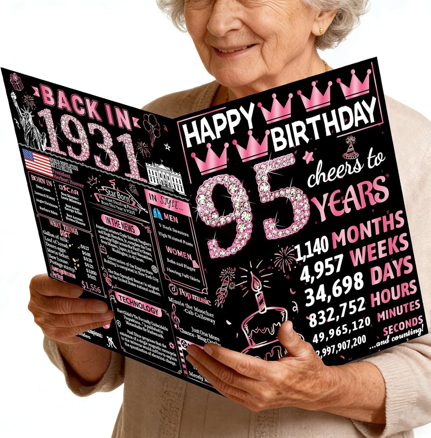 Joycard 95th Jumbo Birthday Card with Envelope, 95th Birthday Decorations for Women, 95th Birthday Gifts for Grandma, Happy Birthday Cards for 95 Year Old Mother, Back in 1931