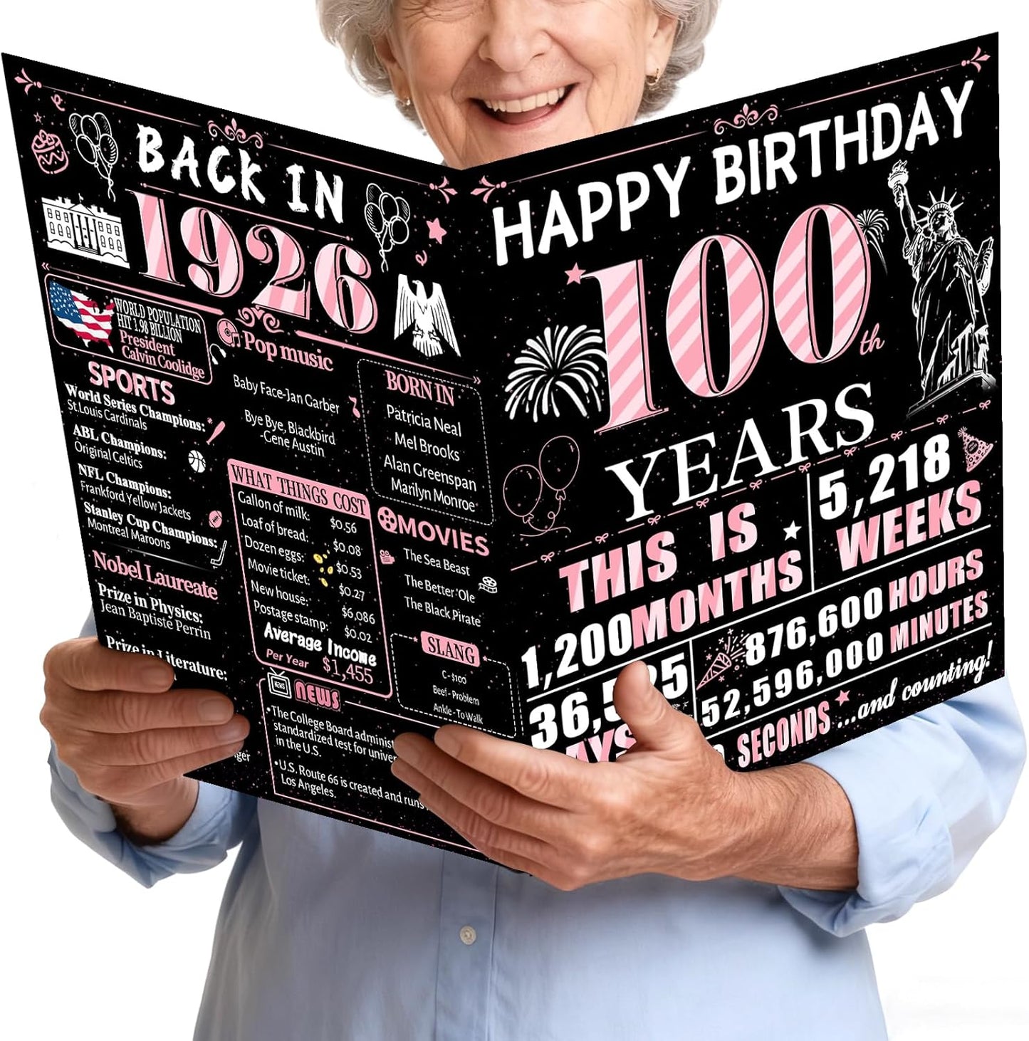100th Jumbo Birthday Card with Envelope, Retro Birthday Decorations Back in 1926 for Women, 100 Year Old Funny Birthday Gifts for Grandma