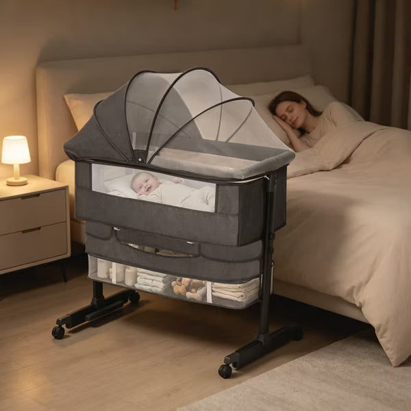 Kmaier Baby Bassinet 3 in 1 Foldable Portable Crib,6 Adjustable Height,with WheelsBaby Bassinet Rocking-,Pink