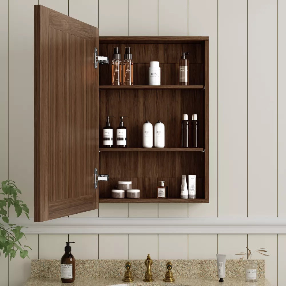 16"x24" Wood Bathroom Medicine Cabinet with Mirror,Recessed & Surface Mount,Adjustable Storage Shelves,Soft-Close Hinges, Fully Assembled, Walnut