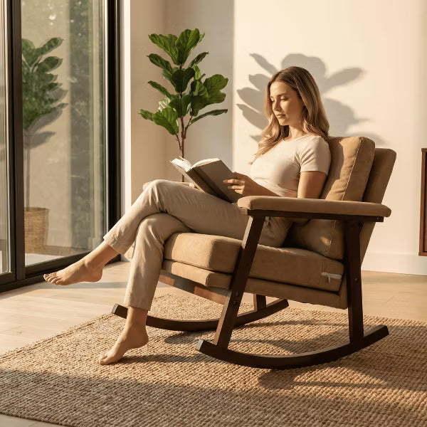 Mid Century Modern Rocking Chair,Soft Accent Chair with Wood Frame,Reading Armchair for Living Room Bedroom Sunroom,250 lbs Capacity,Khaki