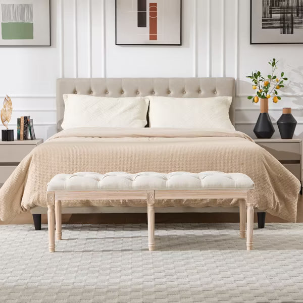 Bedroom Bench, French Vintage Tufted Entryway Bench, 47.2" Upholstered End of Bed Seat with Carved Wood Legs, Linen Ottoman for Living Room, Foyer