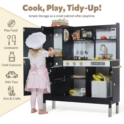 TODECARE Wooden Pretend Play Kitchen Set for Kids with Microwave oven, Ice Maker and Oven, Black