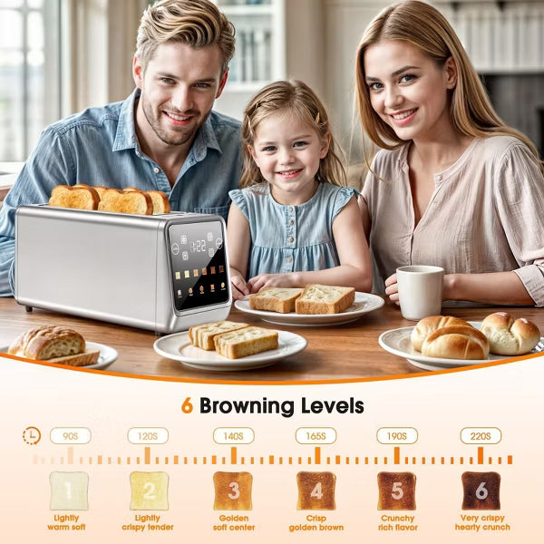 Teendow Touchscreen Toaster 4 Slice 1400W, Stainless Steel Smart Bread Toaster with 1.5" Wide, 5 Bread Modes, 6 Shade Settings