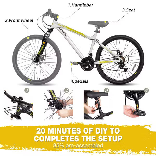 Hykolity 26 Inch Mountain Bike, 21-Speed MTB Bicycle with Aluminum Frame, Front Suspension, Dual Disc Brakes for Men and Women Black