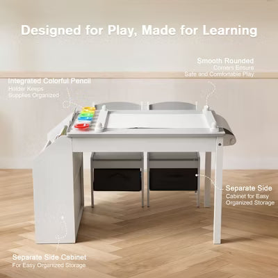 TODECARE 4-in-1 Kids Table & Chairs Set with Whiteboard, Chalkboard, and Storage, Design for Study, Play, and Snack Time, Gray