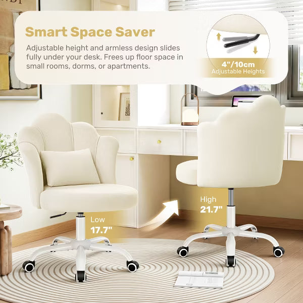 KERDOM Swivel Vanity Chair, Adjustable Height Cute Desk Chair with Lumbar Pillow,Upholstered Armless Office Chair for Bedroom Makeup Home Office,Beige