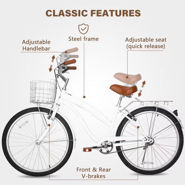 Hykolity 26 Inch Cruiser Beach Bike Commuter Bicycle for Adult Women Men City Bikes with Basket Comfort Saddle Rear Rack Blue