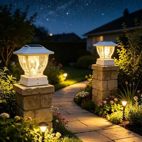 2 Pack Solar Glass Post Cap Lights, Dusk-to-Dawn 30 Lumens Warm White LED Outdoor Fence Deck Post Lighting, White Finish Fits 4x4/5x5/6x6 Posts