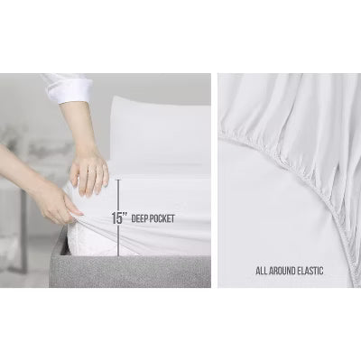 Hoey Full Size 4-Piece Microfiber Sheet Set – Deep Pocket Bed Sheets with Embroidered Pillowcase and Storage Pocket (White)