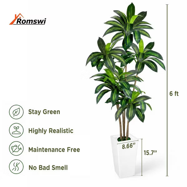 ROMSWI Dracaena Artificial Tree 5FT Tall Pre Potted Dracaena Trees with White Tall Square Planter for Indoor Outdoor Home Office Decor