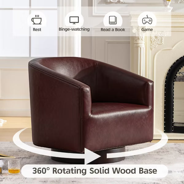 KERDOM 360°Swivel Barrel Accent Chair, PU Leather Upholstered Armchair with Solid Wood Base, Modern Lounge Chair for Living Room Bedroom,Reddish brown