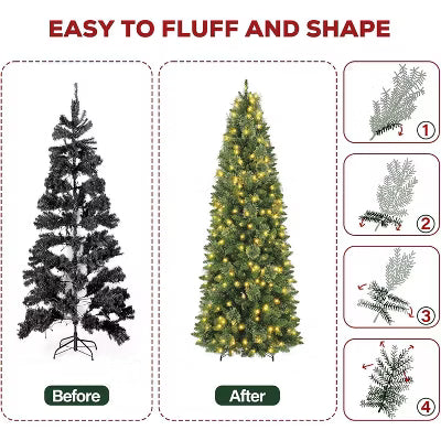 VIVATREES 7ft Pre-lit Artificial Christmas Tree 730 Hinged Branch Tips with 240 LED White Warm Lights 10 Color-Changing Modes Foldable Metal Base