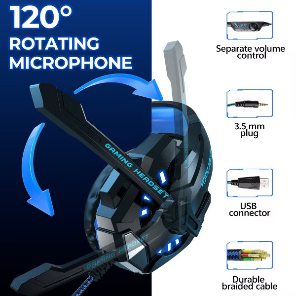 Gaming Headset with Microphone, Compatible with PS4 PS5 Xbox One PC Laptop, Over-Ear Headphones with LED Light, Noise Canceling Mic