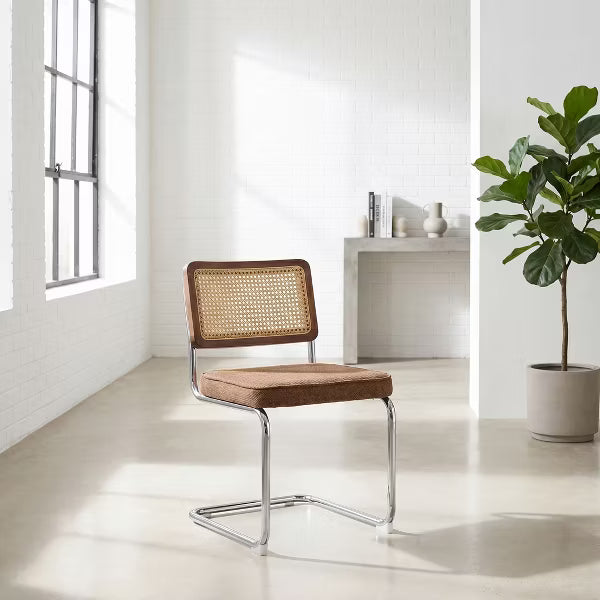 Rattan Dining Chairs Set of 2, Modern Kitchen Chairs with Solid Wood Back & Chrome Base, Mid Century Breuer Design Inspired, Upholstered Velvet Fabric