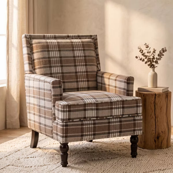 Plaid Upholstered Accent Chair with Nailhead Trim and Solid Wood Legs for Living Room, Dorm, Apartment - Warm Mocha Plaid