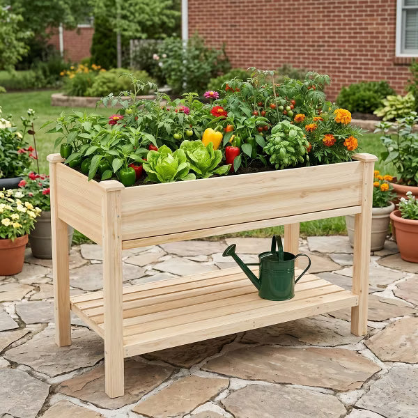 Raised Garden Bed 48"x23"x31" Elevated Wood Planter with Storage Shelf & Water Tray – Outdoor Herb, Vegetable & Flower Planter for Balcony Patio