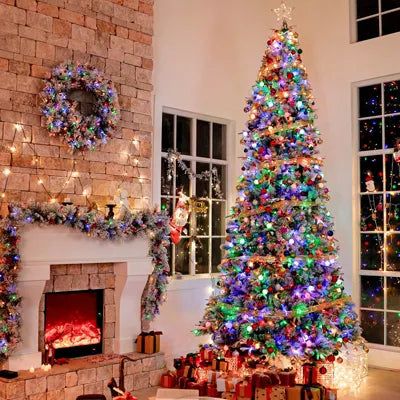 VIVATREES 7.5 Ft Prelit Artificial Christmas Tree, 10 Lighting Modes with Red Berries, Metal Stand, Multi Colors Snow Flocked Xmas Tree