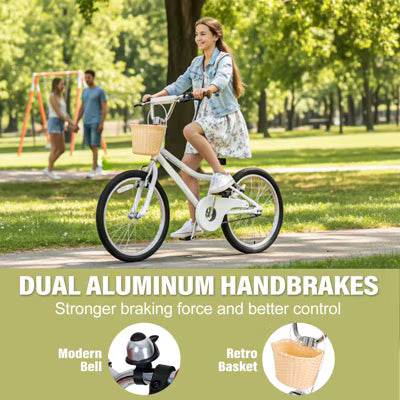 Hykolity Kids Bike 20 Inch for 6-12 Years Old Girls Bicycle with Basket and Kickstand, Tween Retro Style Childrens Bike for Teen Girls white