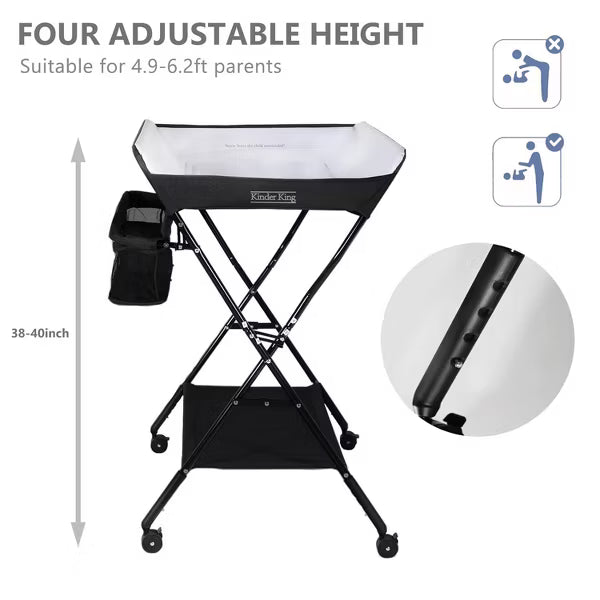 Kinder King Portable Baby Changing Table with Wheels, 4-Level Adjustable Height, Foldable Diaper Station with Storage, Dark Gray