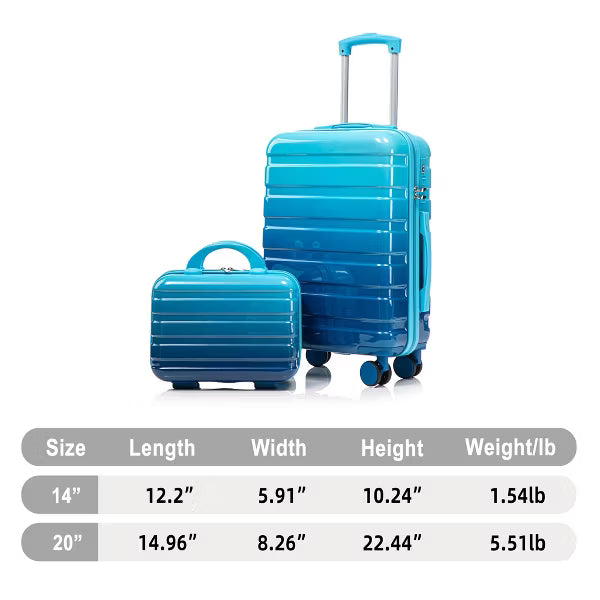 14"/20" 2 pcs/set in PC Spinner Wheel Luggage, Carry on Kid Suitcase, Kid Suitcase wheel, With Gradient Color and Combination Lock(Navy+Light Blue)