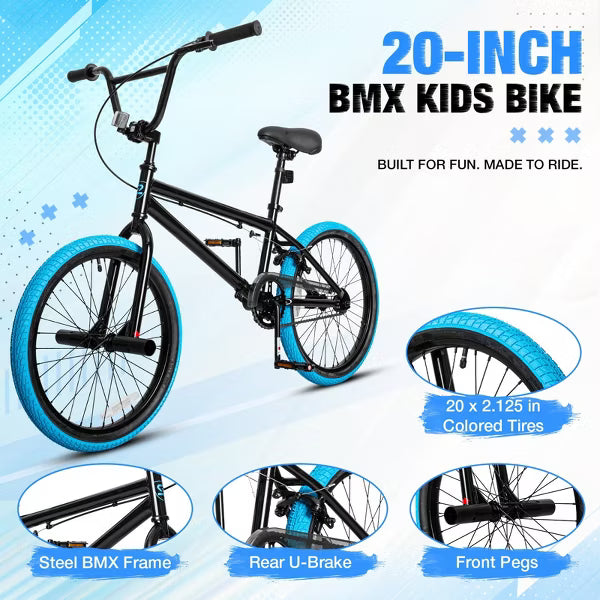 Hykolity Freestyle BMX Bike 20 Inch for Kids Teens Single-Speed Bicycle with High Carbon Steel Frame Rear U-Brake Front Pegs Adjustable Seat, Blue