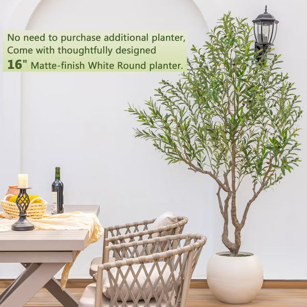 7FT Artificial Olive Tree with 16 Inch White Planter, Faux Olive Tree Realistic Leaves Lifelike Fruits Natural Trunk, Home Office Decor