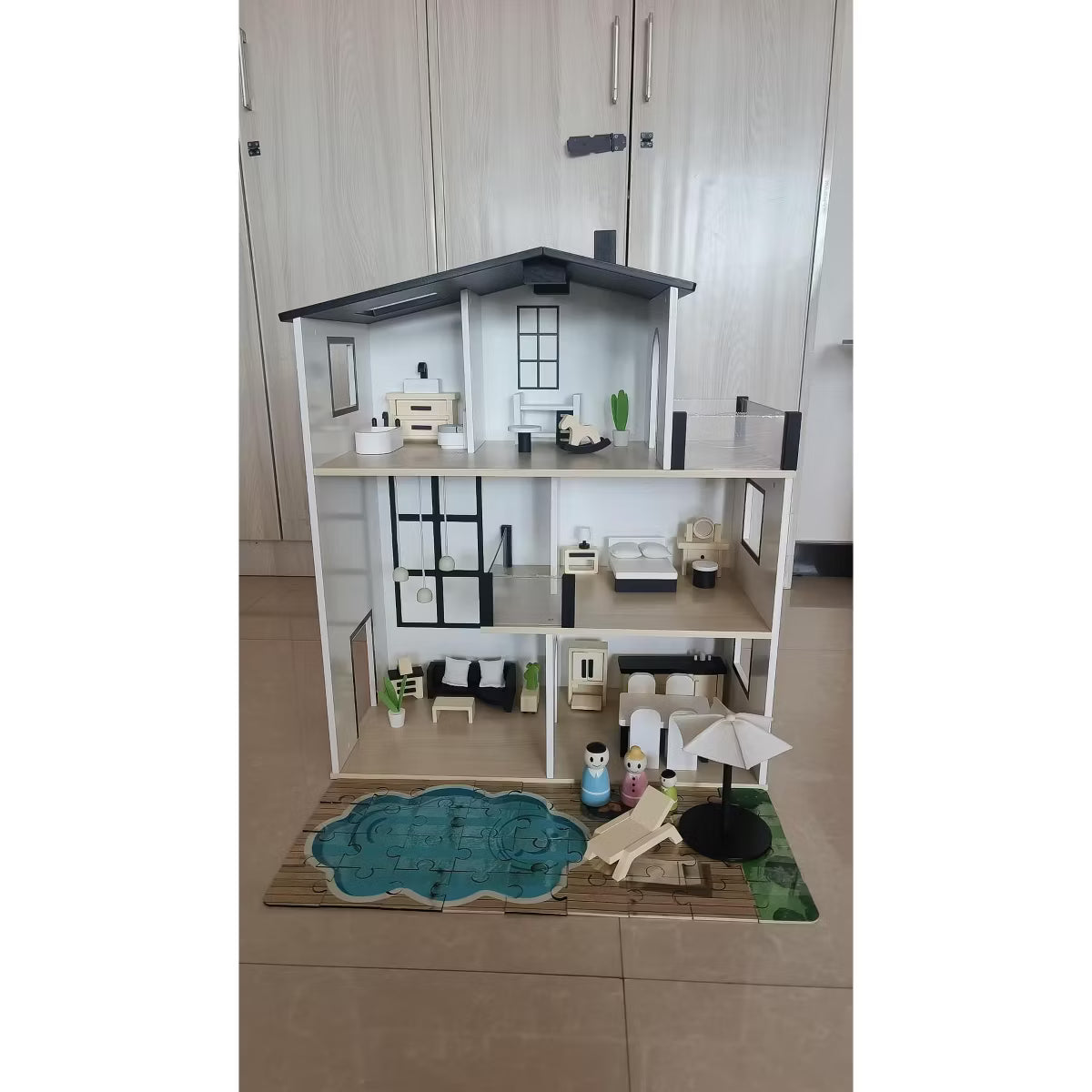 TODECARE Modern Wooden Dollhouse for Kids, 8-Room Doll House with 81 Furniture Pieces, Dolls & Pets, Pretend Play Set for Ages 3+, White