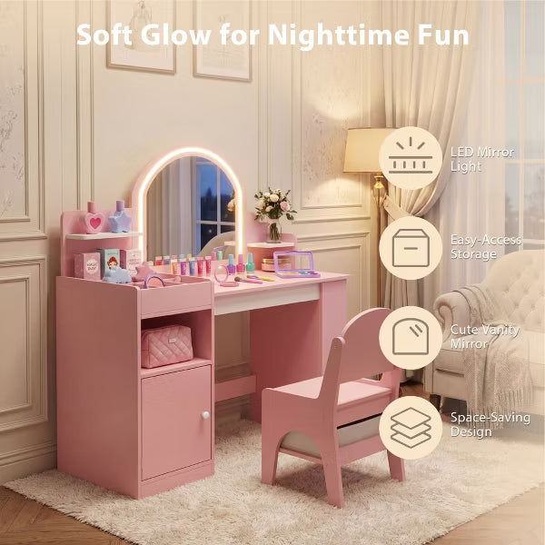 TODECARE Kids Vanity Set with Lighted Mirror, Chair, Bookshelf, Drawers & Storage Cabinet, Girls Makeup Vanity Table