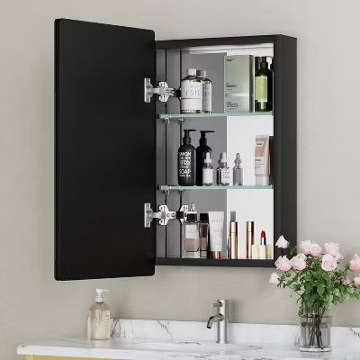 Mira 14" x 24" Rounded Corner Metal Framed Medicine Cabinet with Mirror Door for Bathroom,Black