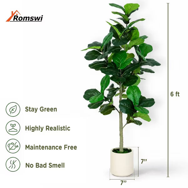 5FT Artificial Fiddle Leaf Fig Tree with White Planter Pot Natural Trunk Realistic Leaves Lifelike Faux Floor Plant For Home Office