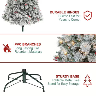VIVATREES 6 Ft Prelit Snow Flocked Christmas Tree Hinged Branches, Artificial Christmas Tree, Warm White Lights, Metal Stand