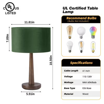 18.5" Walnut Tapered Wood Table Lamp with Green Velvet Drum Shade for Bedside, Living Room, Reading Corner, Caf, Guest Lounge, or Hotel Room