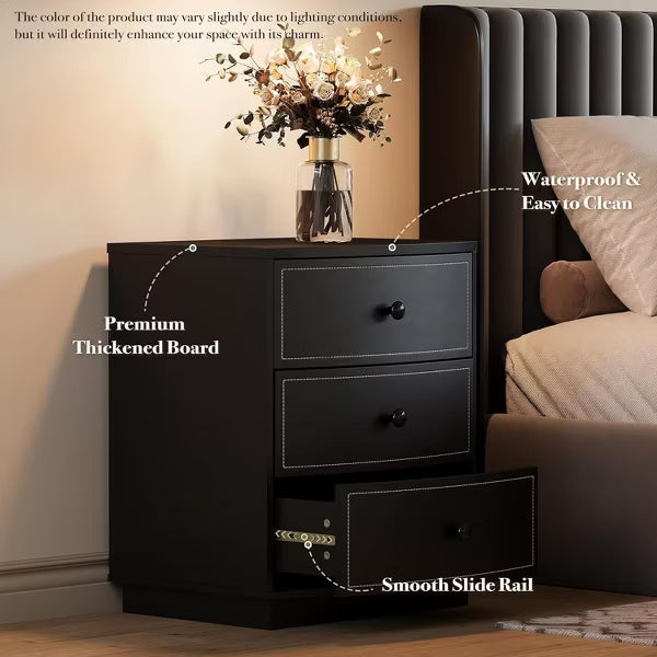 TYBOATLE Nightstand Small Dresser, Modern Black 3 Drawers Nightstand, Wooden Storage Dresser with Faux Leather Finish,Black
