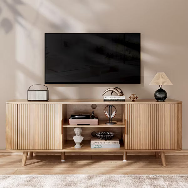 Qwatto Walnut Entertainment Center for TVs up to 65 Inch Mid Century TV Console with Slatted Doors Large Storage Shelves Modern Wood Media Stand