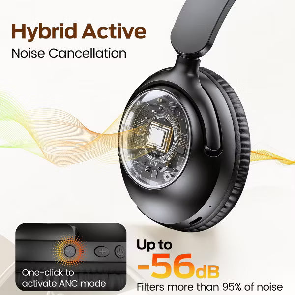 Hybrid ANC BT headphones, BT6.0, -56dB noise reduction (95%). 100H playtime, deep bass, memory foam earcups. For home, office, travel.