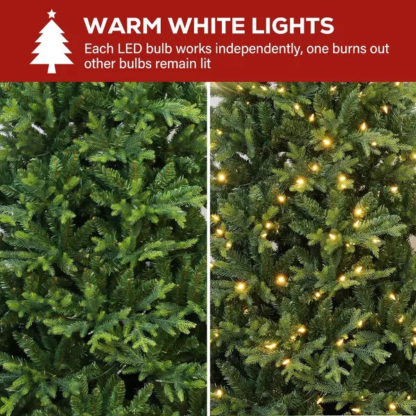 VIVATREES 6ft 7ft Pre-lit Artificial Christmas Tree 1160 Hinged Branch Tips with LED White Warm Lights Foldable Metal Base 6FT