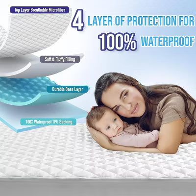 Hoey Queen Size Waterproof Mattress Pad Protector – Quilted, Breathable, Noiseless Fitted Cover, Fits Up to 21" Deep Pocket