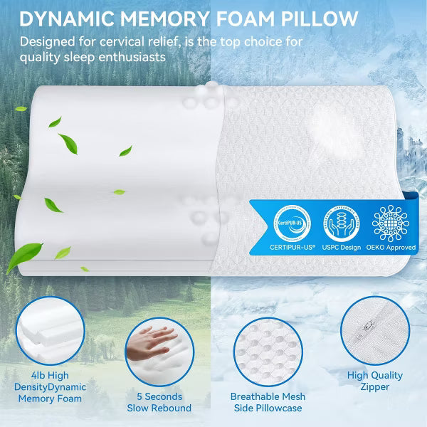 Bed Pillow, Cervical Pillow for Neck Pain Relief, Memory Foam Neck Pillow for Sleeping, Contour Cooling Pillow for Side Sleeper